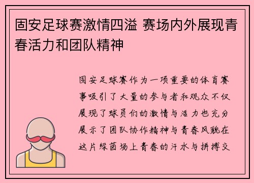 固安足球赛激情四溢 赛场内外展现青春活力和团队精神