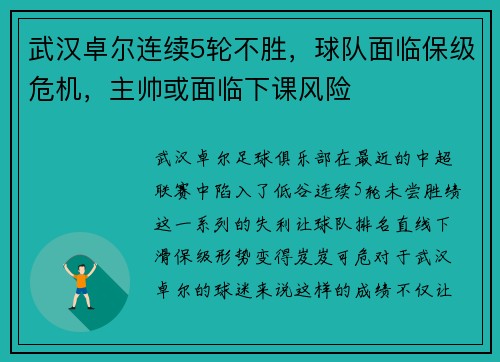 武汉卓尔连续5轮不胜，球队面临保级危机，主帅或面临下课风险